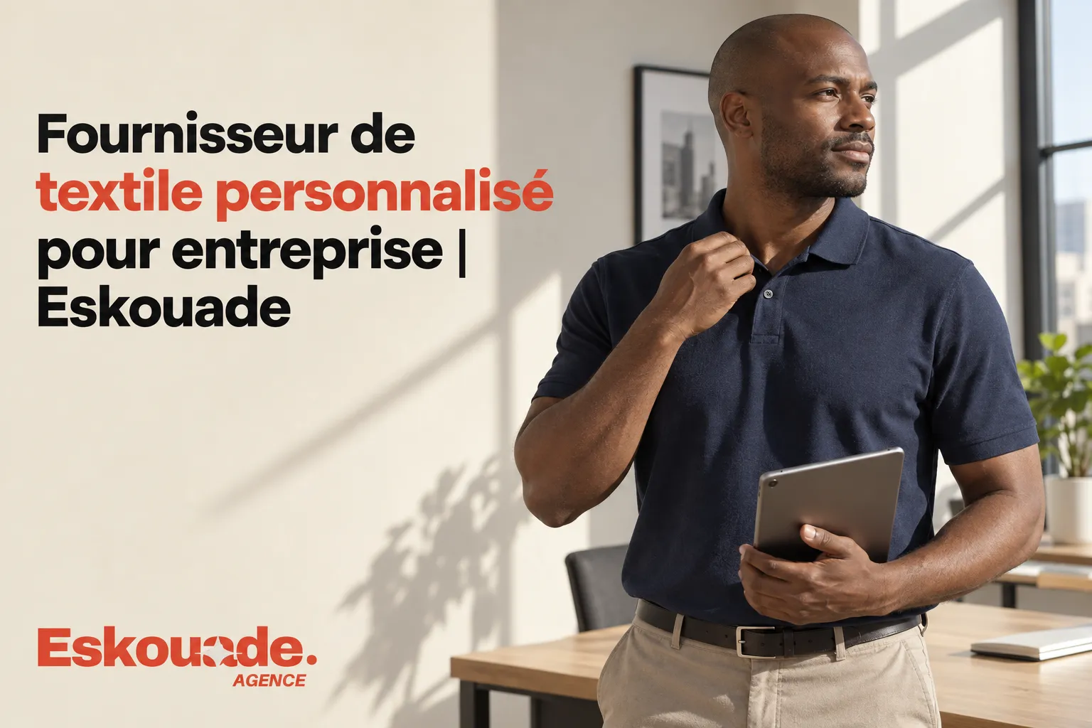 Homme debout dans un bureau tenant une tablette, portant polo bleu et pantalon beige.