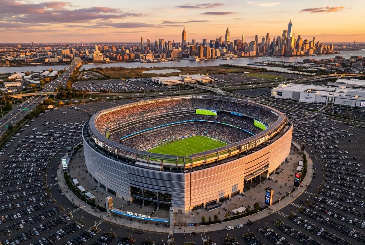 Vue aérienne du MetLife Stadium entouré d’un parking immense et d’une métropole au loin, en fin de journée. équipes qualifiées coupe du monde 2026