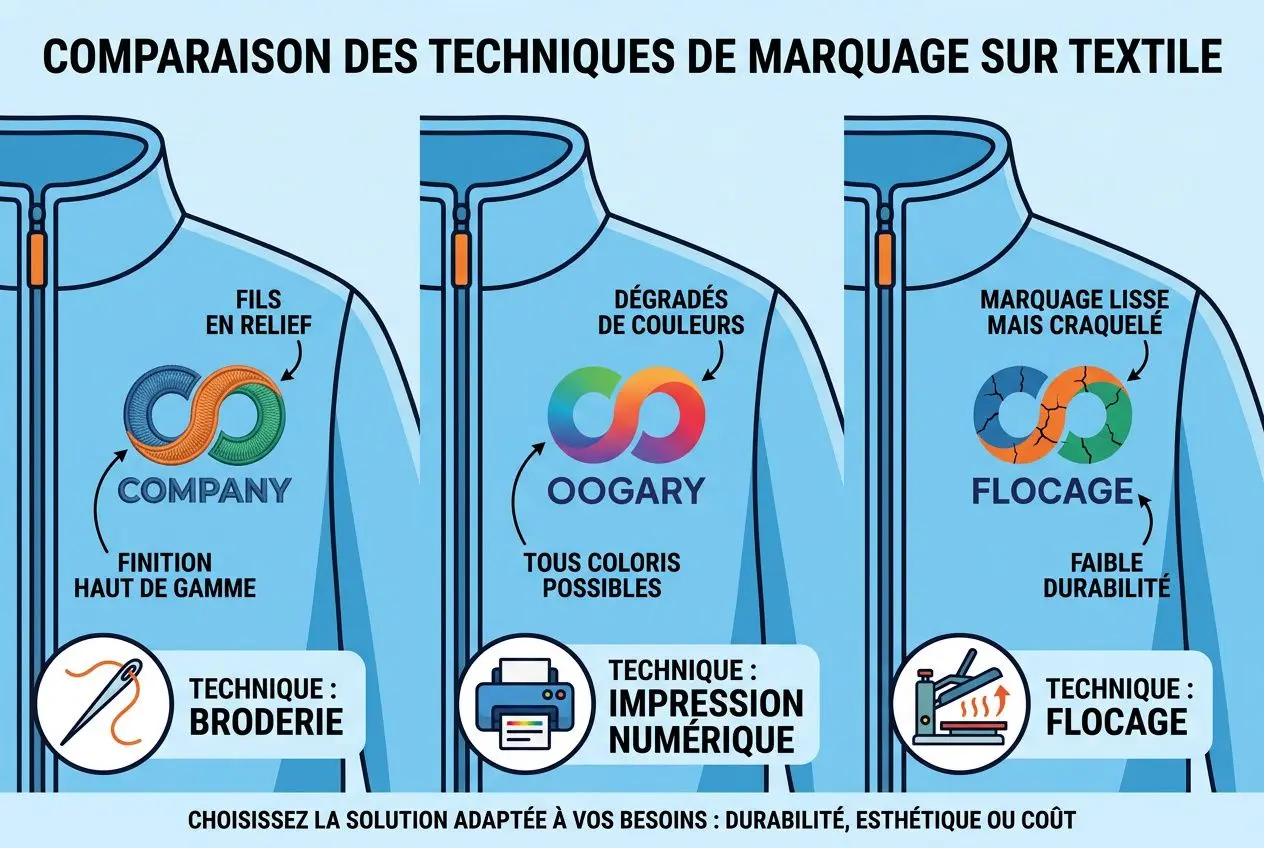 Polaire de travail personnalisable avec broderie, affichant choix de technique et marquage sur textile de qualité.