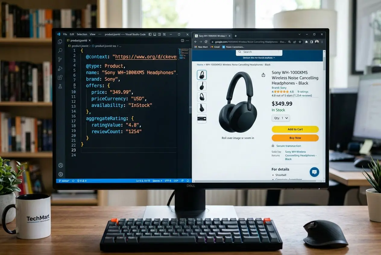 Código JSON-LD y resultado enriquecido en Google