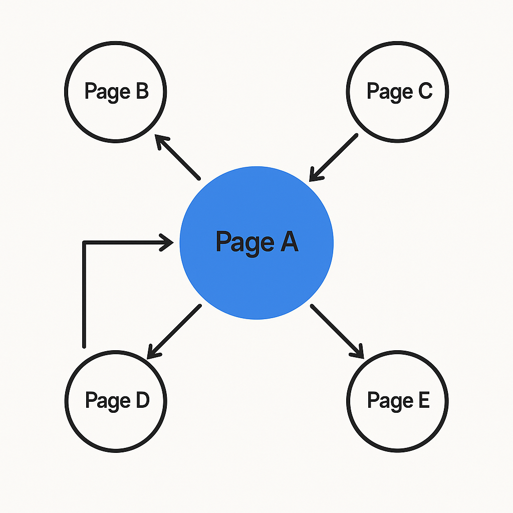 Schéma simplifié de l'algorithme PageRank montrant comment des liens depuis d'autres pages augmentent l'autorité d'une page principale.