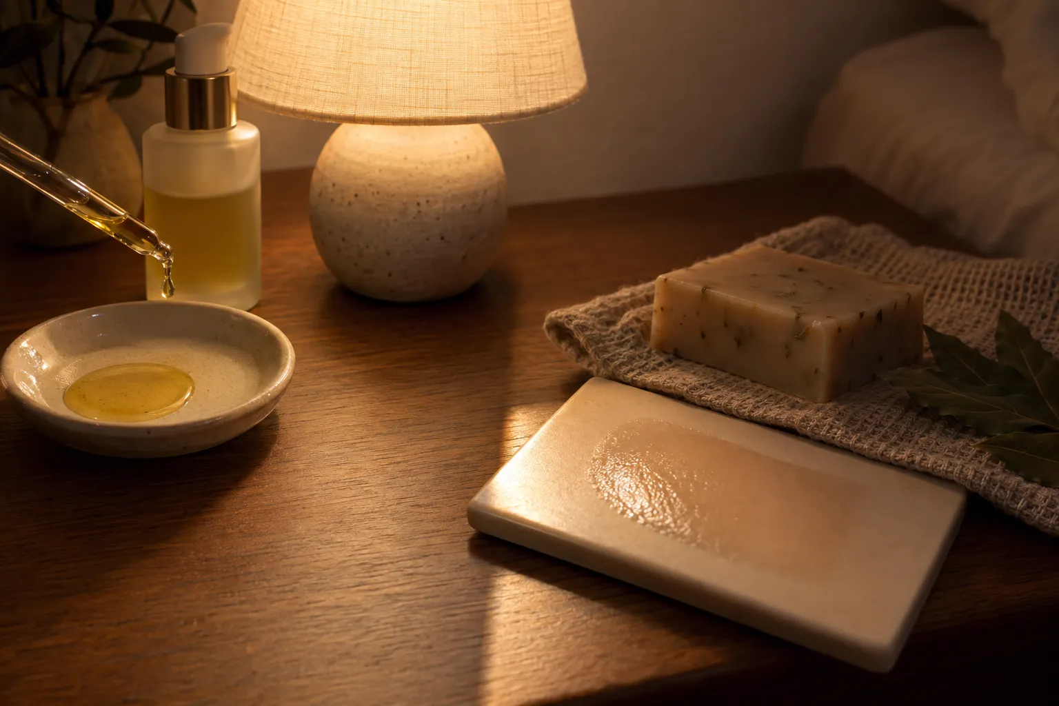 Table de soin avec bouteille d'huile, fiole et savon posé sur une surface en bois, éclairage d'une lampe chaude.