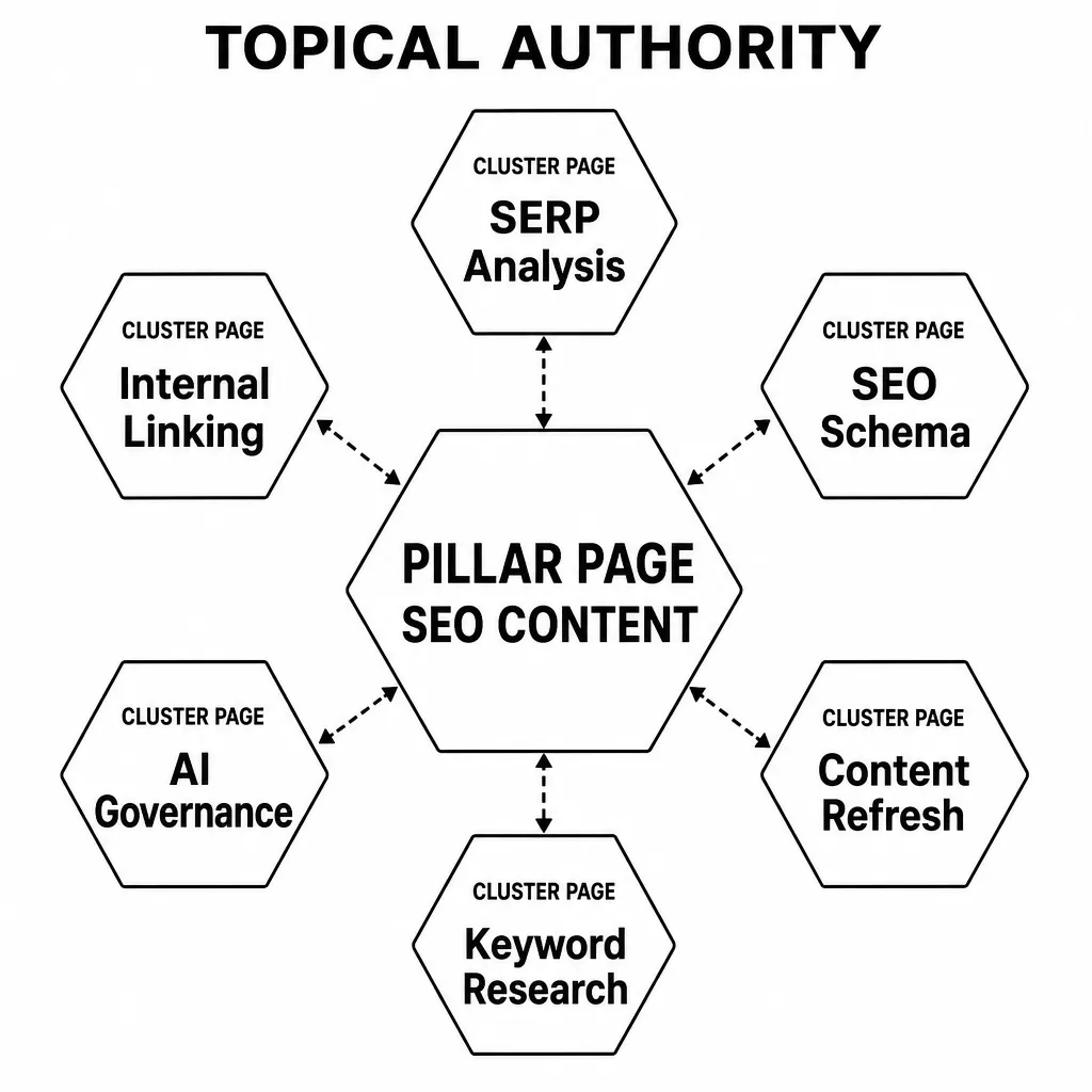 Topical authority diagram showing an 'SEO Content' pillar page at the centre, linked to cluster pages for complete topic coverage.