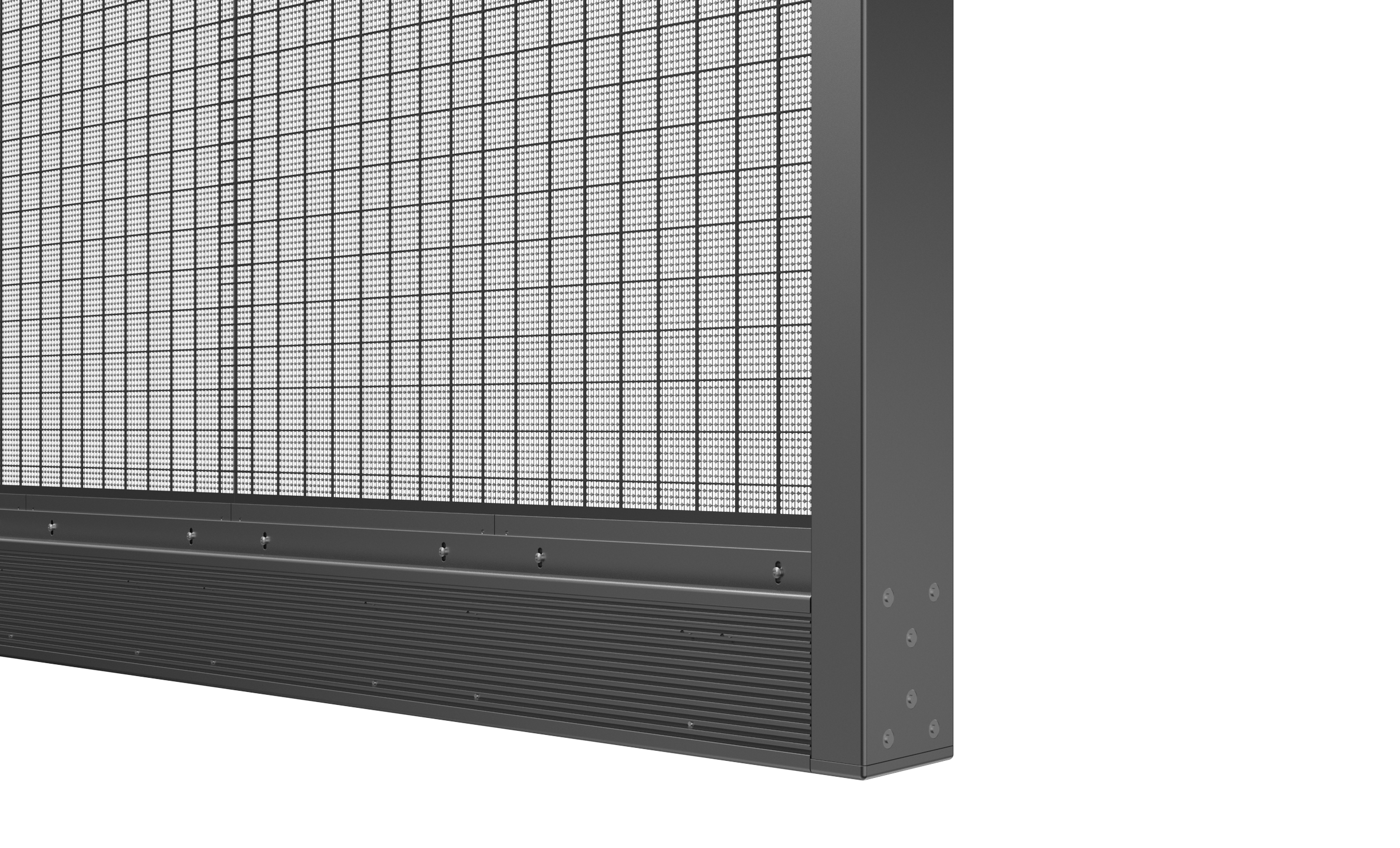 Grand panneau métallique avec grille et multiples vis, proche d’un cadre robuste. (conforme au sujet: comment nettoyer un ecran led)