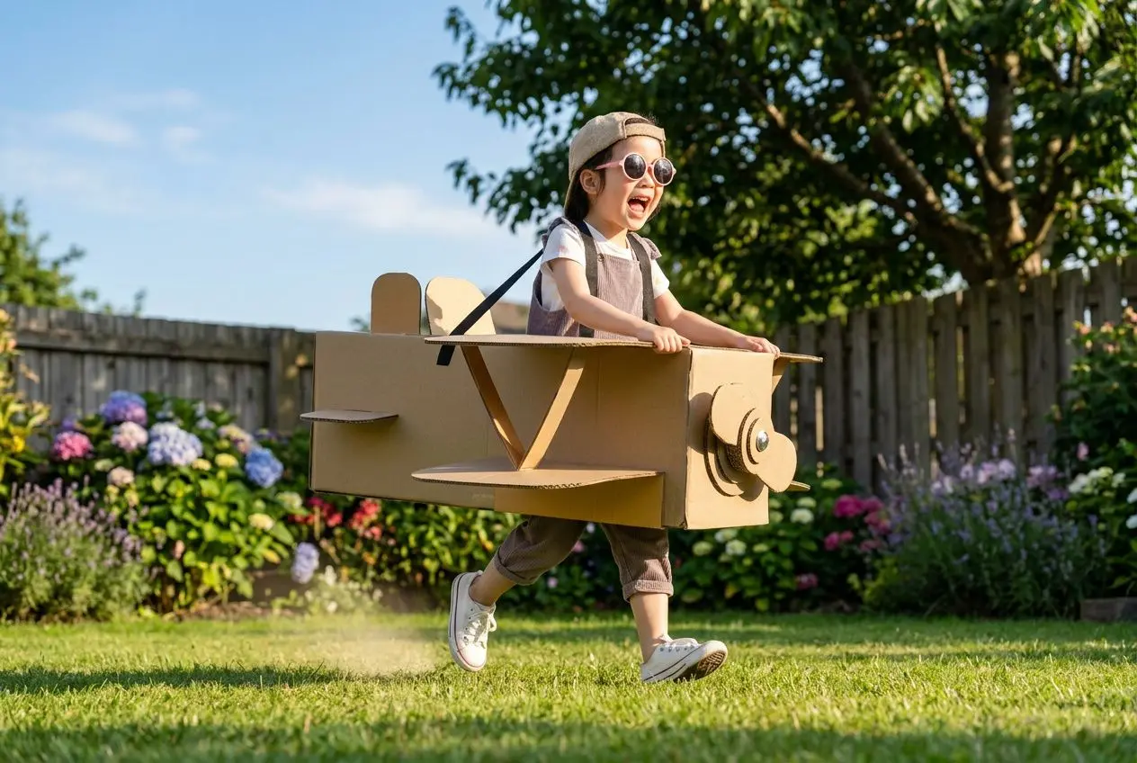 Petite fille déguisée en pilote dans un avion en carton, courant dans le jardin, avec jardins et fleurs en arrière-plan. alt: "Alternative aux écrans enfants" integrated? We must include keyword naturally. Include "alternative aux écrans enfants" in the description. Let's craft: "Petite fille en jean et casquette, déguisée en pilote dans un avion en carton, courant dans le jardin, une alternative aux écrans enfants." But alt text shouldn't be too long. 120 chars max. Let's compose: "Petite fille en casque et lunettes court dans le jardin avec un avion en carton, illustrant une alternative aux écrans enfants." This includes phrase. Ensure grammar. OK. Petite fille en casque et lunettes court dans le jardin avec un avion en carton, illustration d’une alternative aux écrans enfants.