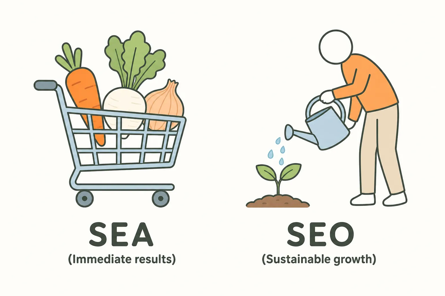 Diagram comparing SEO, shown as a growing plant, with paid search, shown as a shopping trolley.