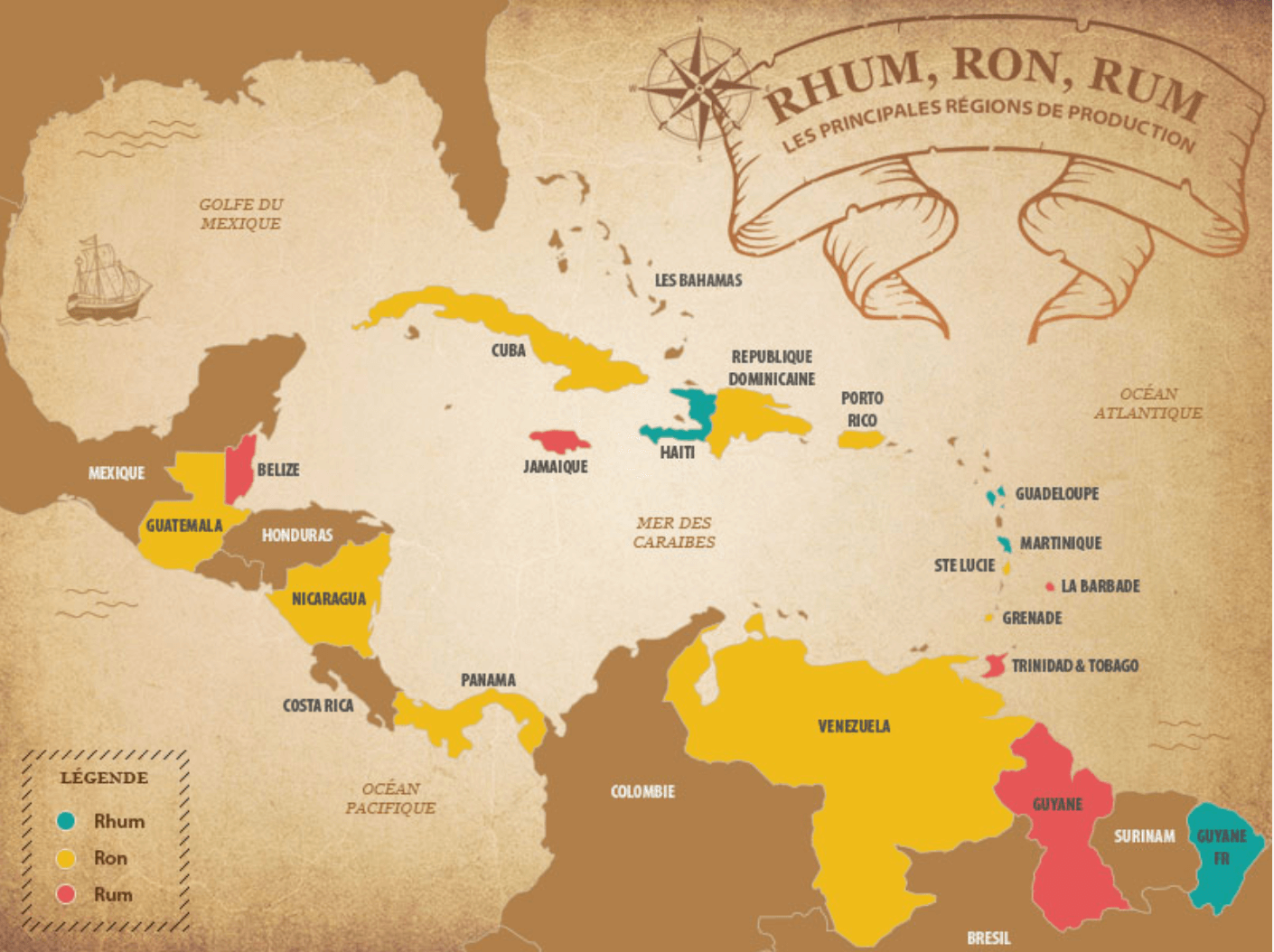 Carte des principales régions de production de rhum, ron et rum dans les Caraïbes et Amérique latine