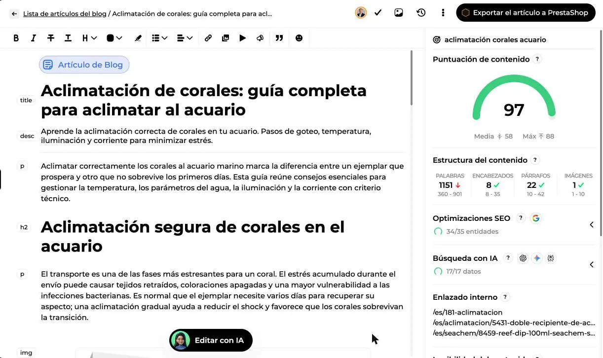 Panel de puntuación de contenido en el editor con el indicador en 97, la estructura del contenido, las optimizaciones SEO y la búsqueda con IA
