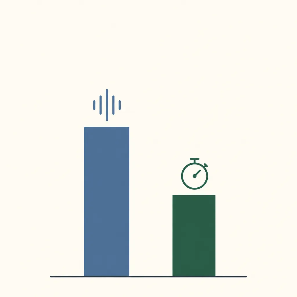 Illustration de deux barres : une barre haute avec une onde vocale et une barre deux fois plus courte surmontée d'un chronomètre.