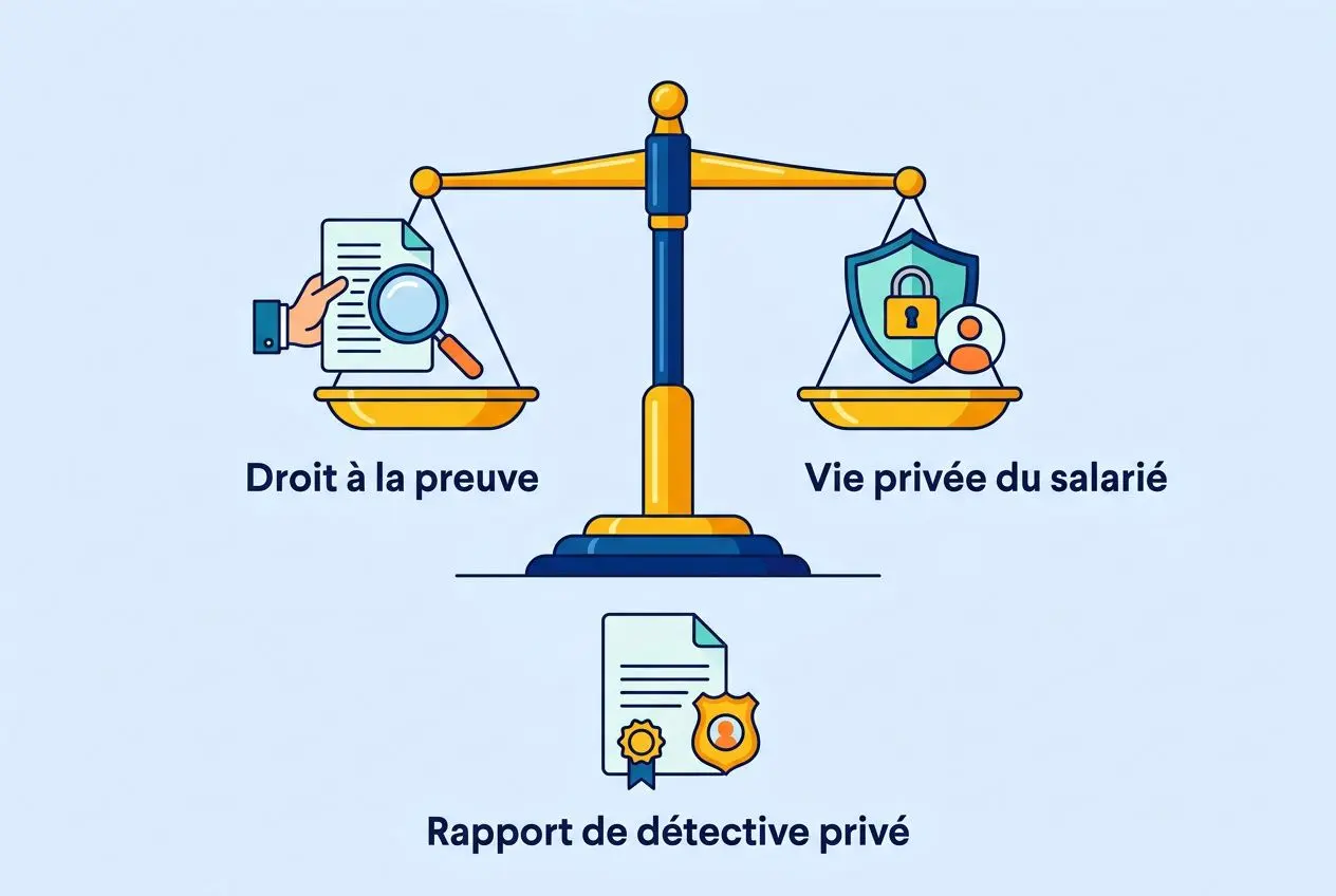 Balance illustrant le droit à la preuve et la vie privée du salarié; rapport de détective privé. Détective privé pour prouver un arrêt maladie abusif.