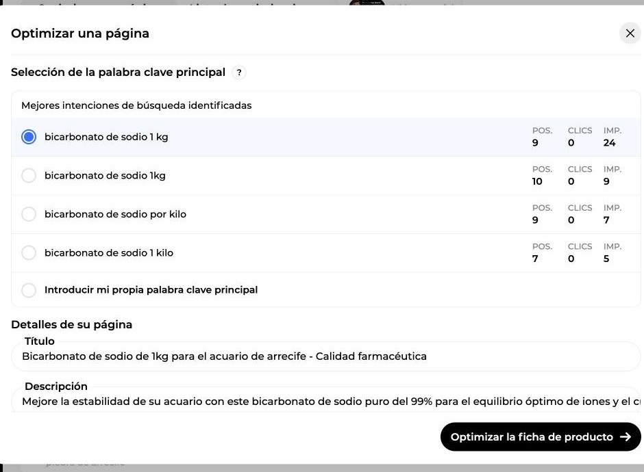 Ventana Optimizar una página: selección de la palabra clave principal con posición, clics e impresiones, título y descripción