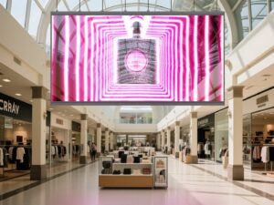 Écran géant 3D sans lunettes affichant une animation rose dans un centre commercial lumineux.