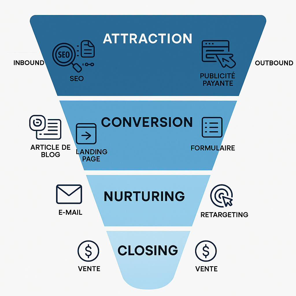 Entonnoir de conversion marketing montrant comment combiner les tactiques inbound et outbound à chaque étape du parcours client pour qualifier les leads.