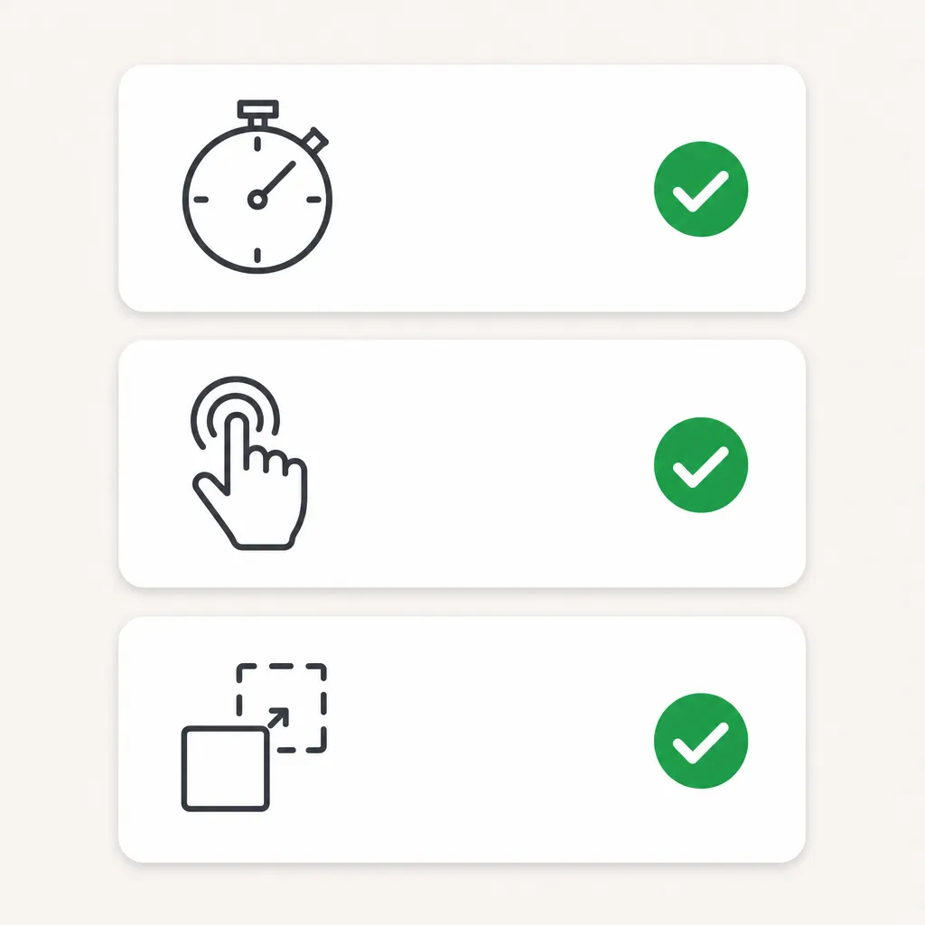 Trois cartes symbolisant les Core Web Vitals validés : chargement, réactivité et stabilité visuelle, chacune avec une coche verte.