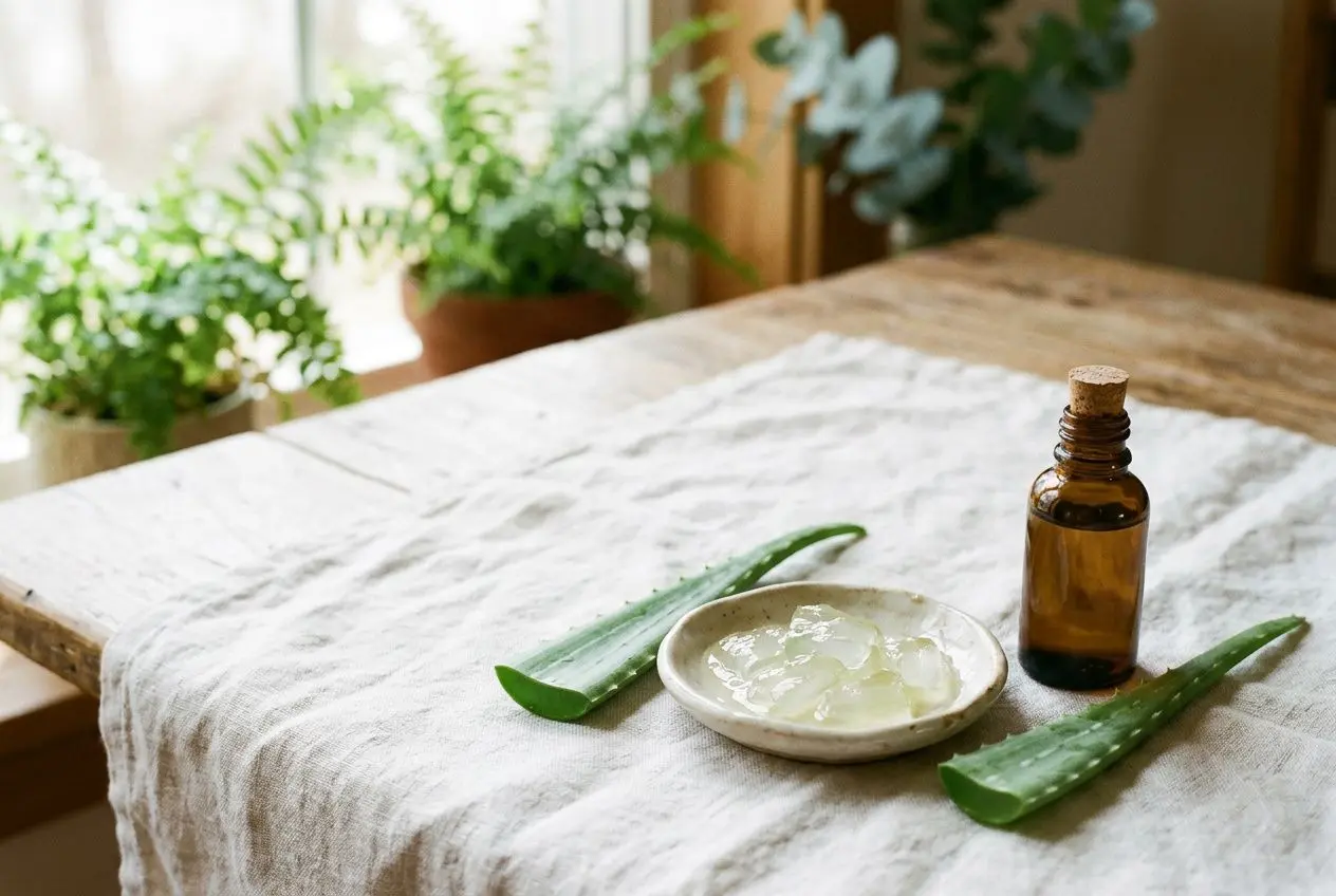 Huiles végétales et gel apaisant sur une table en bois, avec une petite bouteille ambrée et des feuilles d’aloe vera, ambiance zen. comment traiter eczéma naturellement