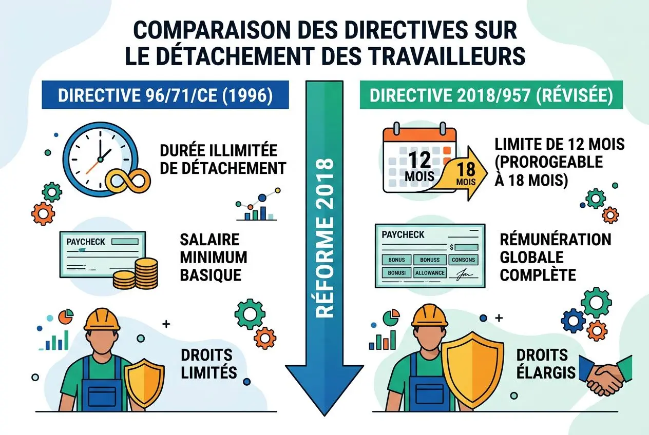 Comparaison des directives sur le détachement des travailleurs, montrant les Directives 96/71/CE et 2018/957 révisée et les droits des travailleurs détachés.
