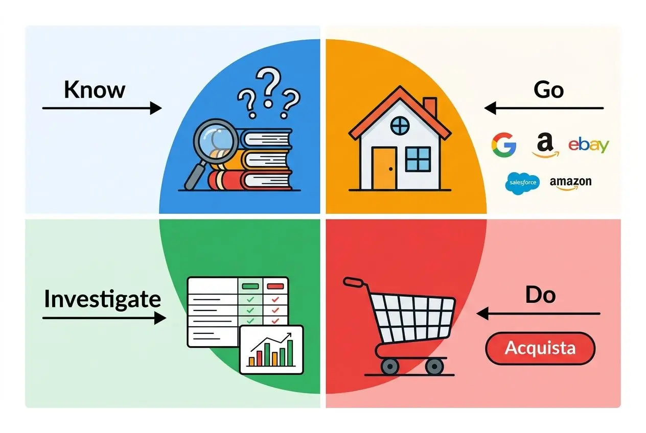 Schema quattro quadranti: Know, Investigate, Do e Go con icone (libri, casa, lista/grafici, carrello) che spiegano il funnel del search intent. intanto integra l’intento di ricerca copywrit.