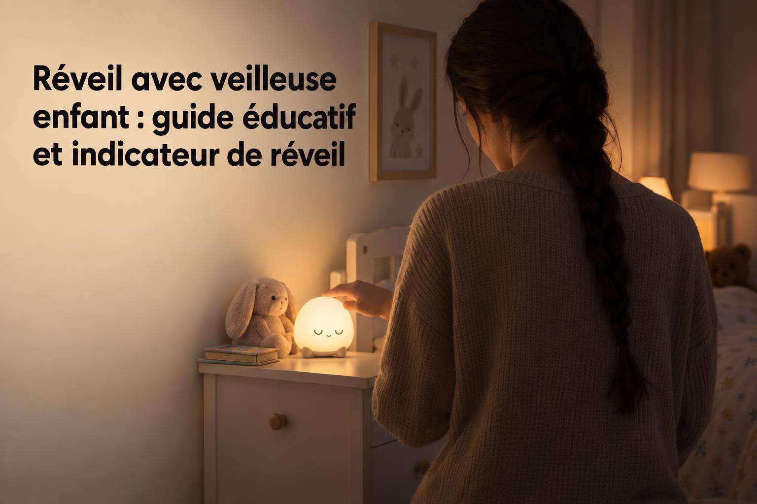 Réveil avec veilleuse enfant posé sur une table de nuit, éclairant une chambre douillette où une enfant lit, ambiance nocturne chaleureuse.