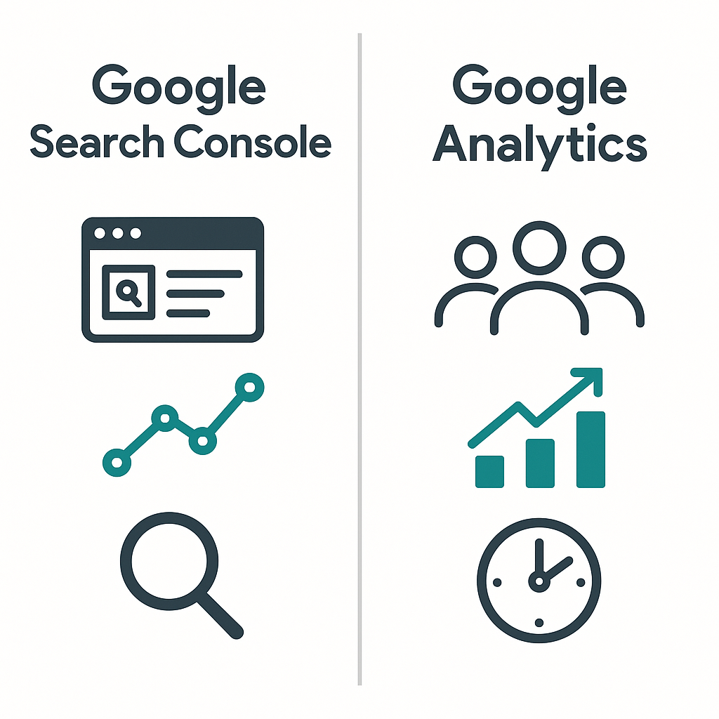 Schéma comparant Google Search Console (analyse avant-clic sur Google) et Google Analytics (analyse après-clic sur le site).