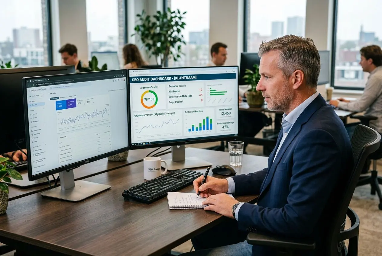 Fotoscène van een professioneel kantoor: een man in pak noteert terwijl twee monitoren SEO-dashboard tonen; centraal draait hij een seo audit software vergelijk.