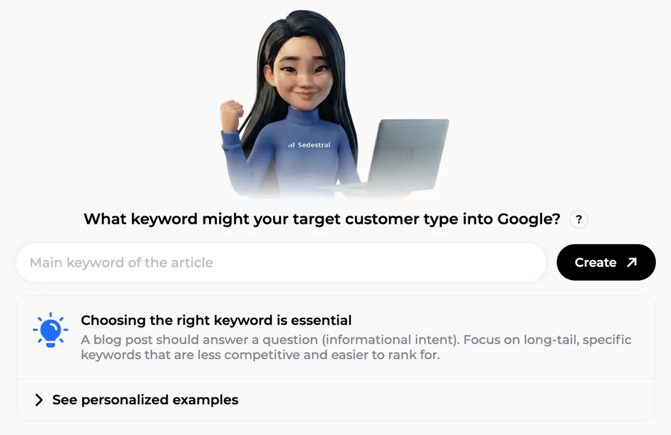 Article creation screen asking for the main keyword of the article, with a tip on long-tail keywords