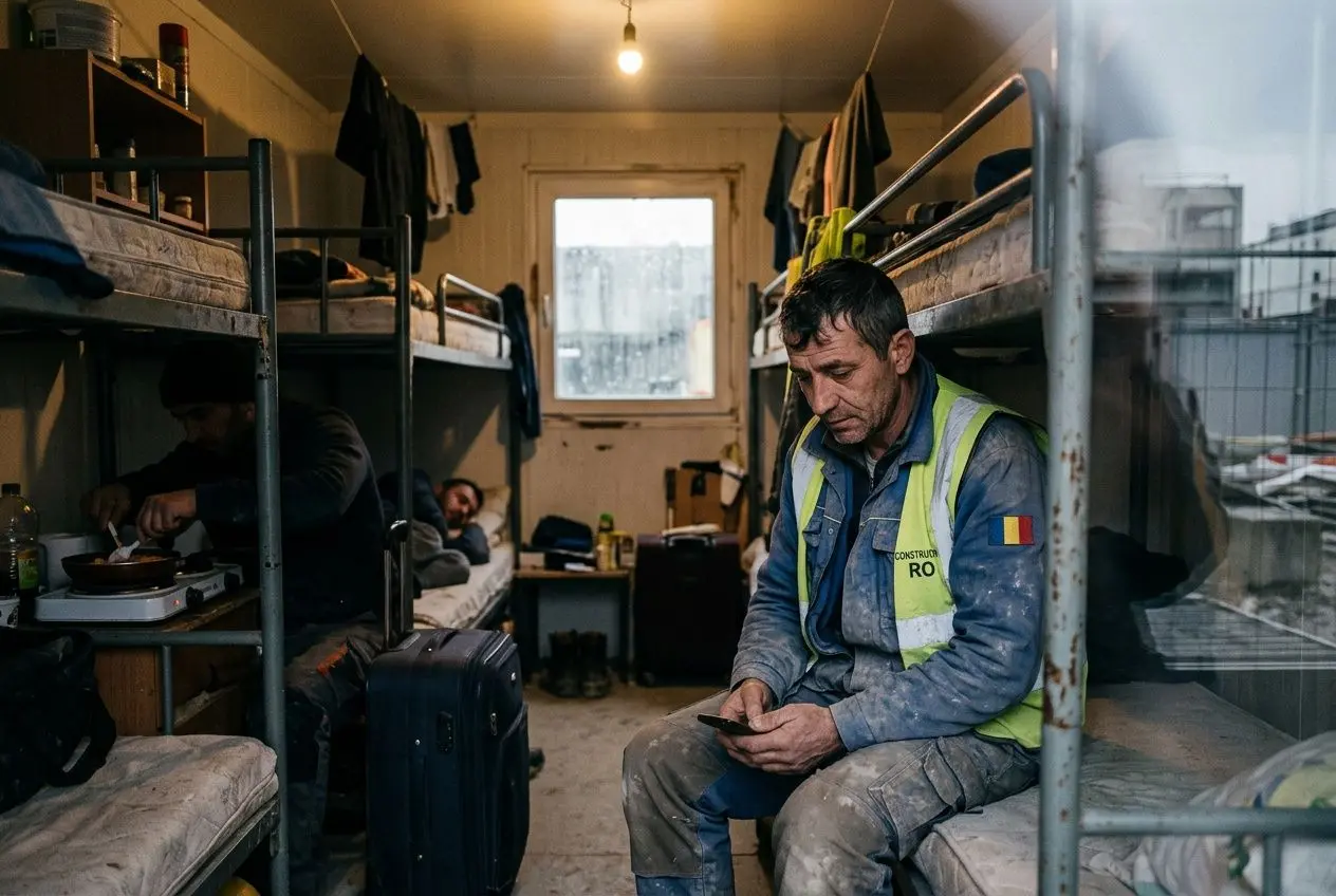 Travailleur détaché def : un salarié en veste réfléchissante assis dans un dortoir de chantier, regardant son téléphone entre des lits superposés.