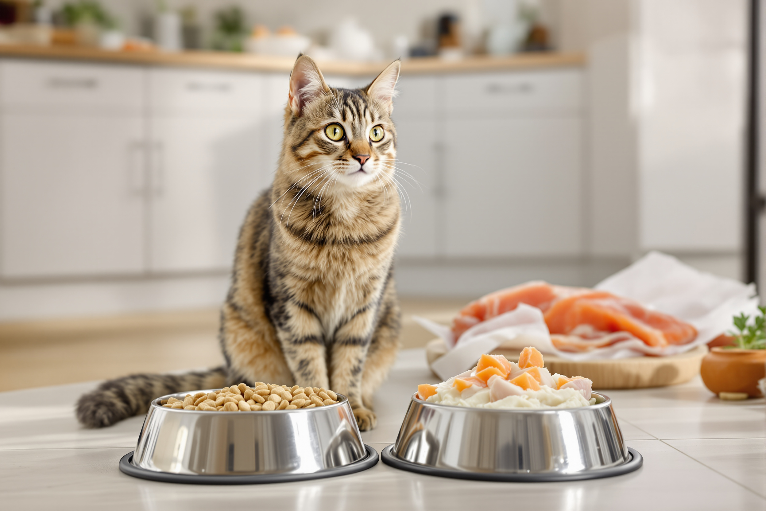 Gatto domestico con ciotole di cibo secco e umido