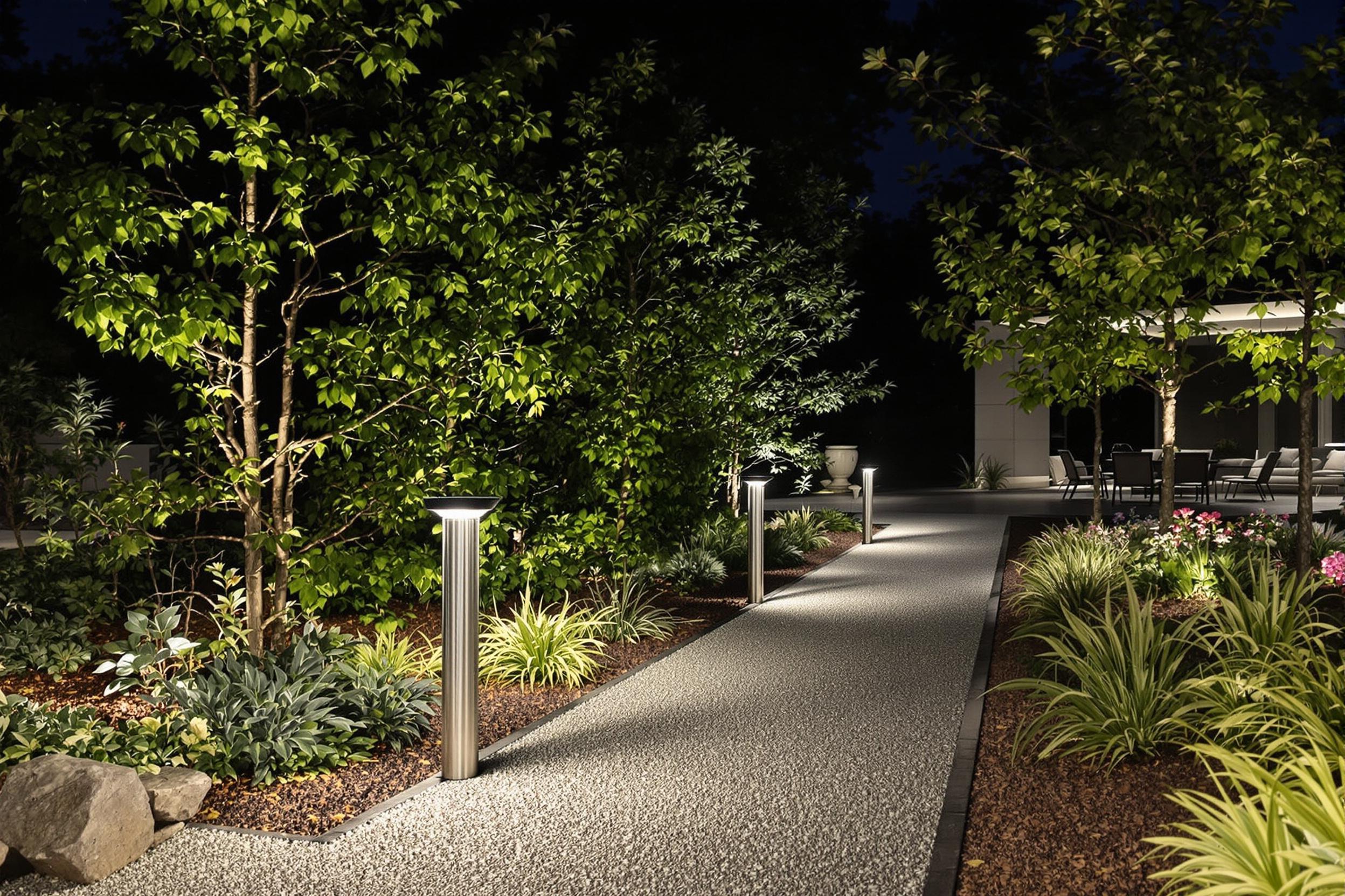 Jardin extérieur avec bornes lumineuses modernes