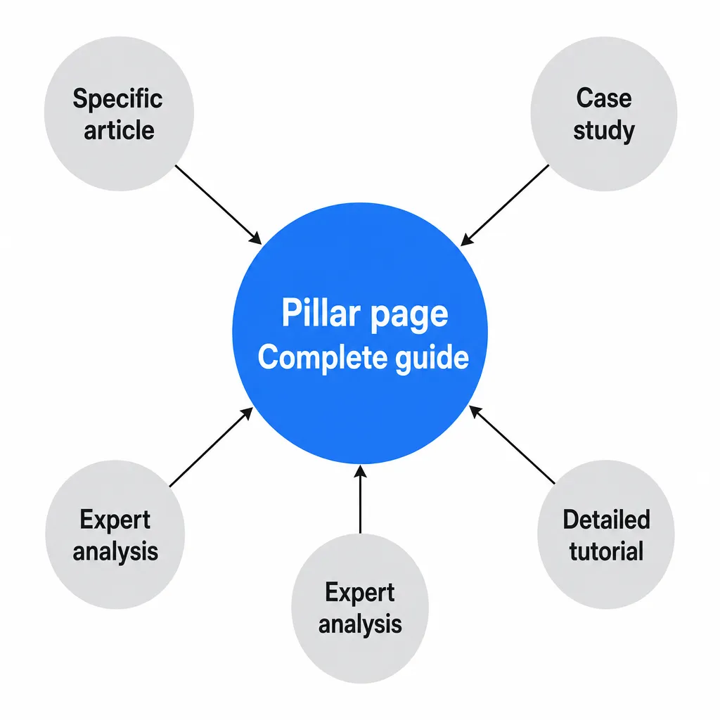 Diagram of a topic cluster for a slow content strategy: a central pillar page backed by satellite articles and case studies linking to it to build authority.