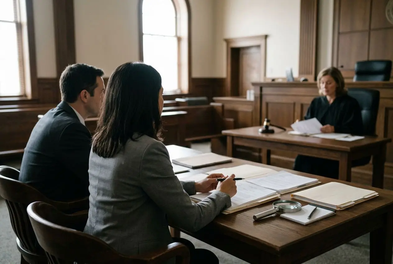 Détective privé pendant un divorce en salle d’audience, deux avocats et un juge en arrière-plan discutent sur des documents.
