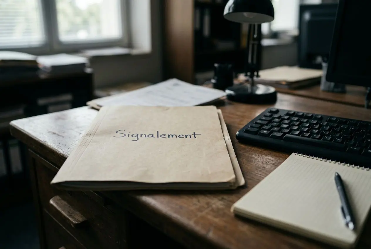 Rapport d’enquête harcèlement: dossier “Signalement” posé sur un bureau avec clavier et cahier, ambiance administratif.