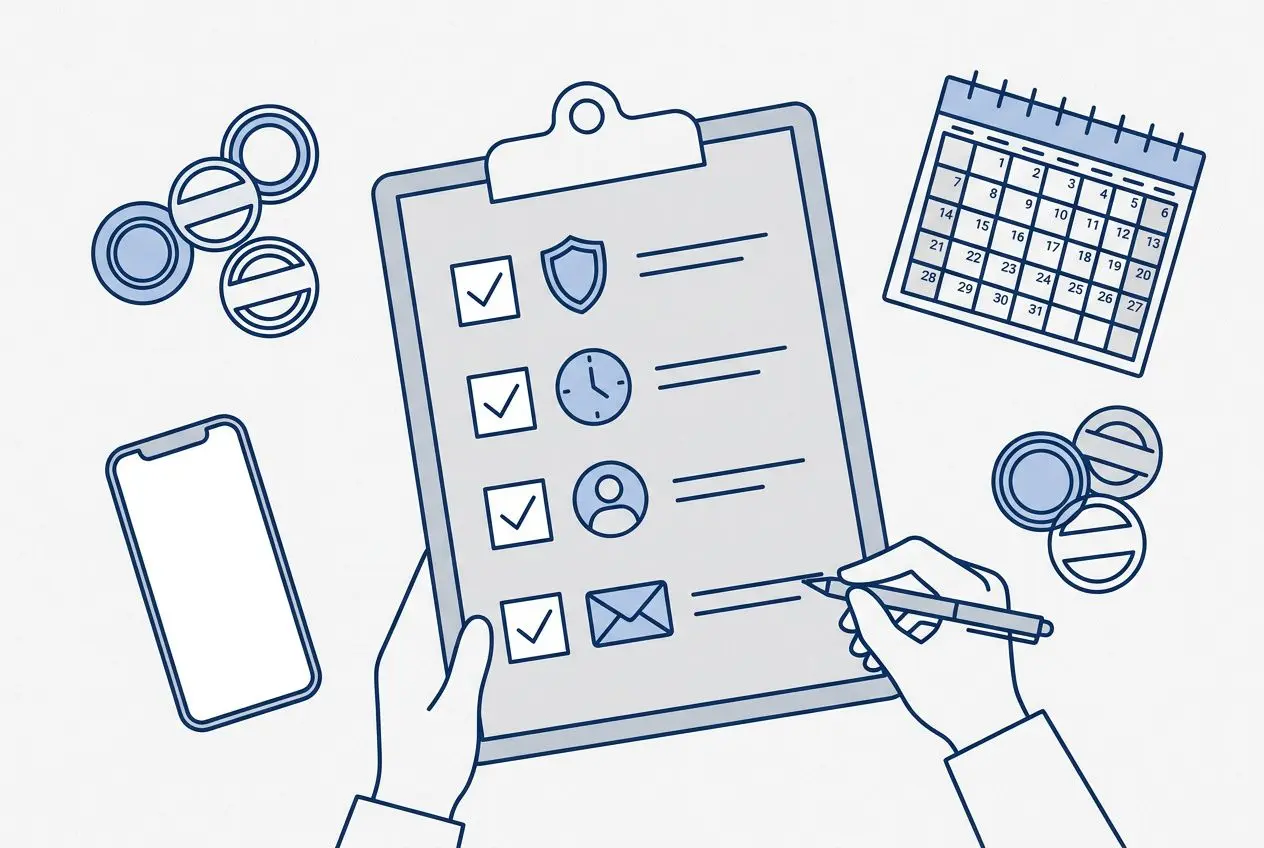 Checklist sur un carnet avec montre, calendrier et téléphone: illustration des tâches et de la planification. sms marketing c'est quoi intégré naturellement.