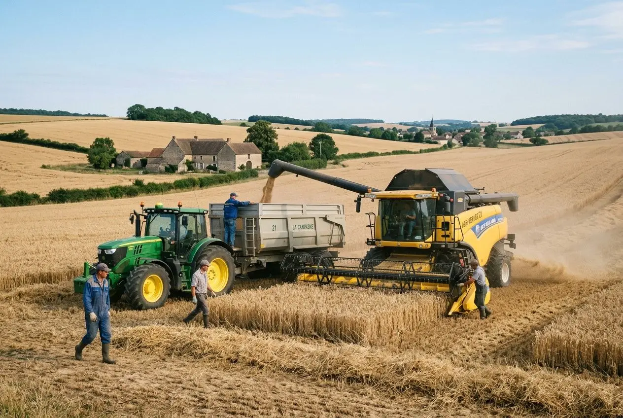 Tracteur vert et moissonneuse-batteuse jaune travaillant ensemble dans un champ de céréales, près d’un village rural. Agence intérim agriculture détachement.