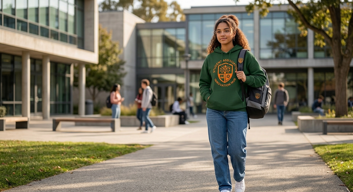 Une jeune femme marche sur un campus en portant un sweat vert et un sac à dos, avec des bâtiments modernes en arrière-plan.