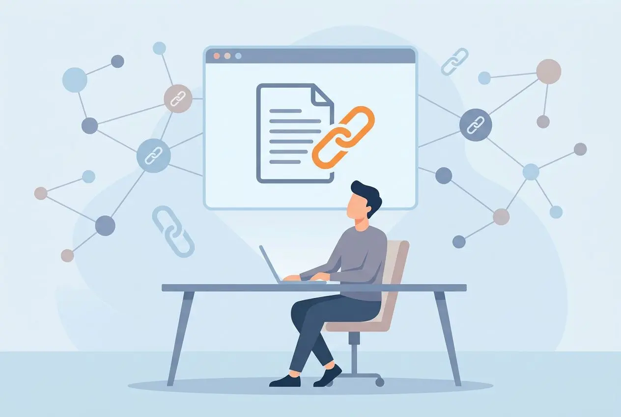 Illustration d’un professionnel au bureau, travaillant sur ordinateur pour créer une campagne de backlinks, avec des icônes et maillons symbolisant le netlinking.