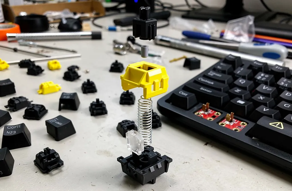 Disassembled keyboard switches on a workbench, with a yellow component and metallic spring, keyboard keys and tools in the background, illustrating the disassembly process. Disadvantages of a magnetic switch.