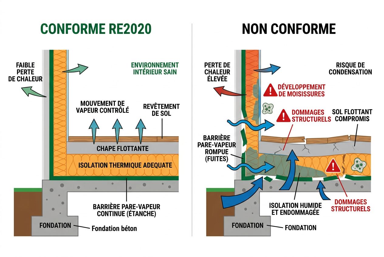 Pare-vapeur sous parquet: illustration comparant conformité et non-conformité, avec flèches montrant flux de vapeur, isolation et risques de dommages structurels.