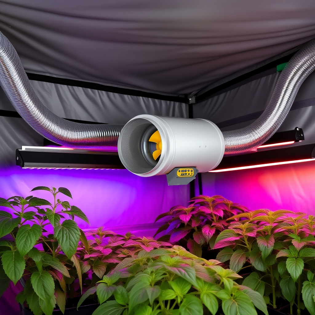 Ventilateur de conduit AC Infinity installé au plafond d'une tente de culture intérieure