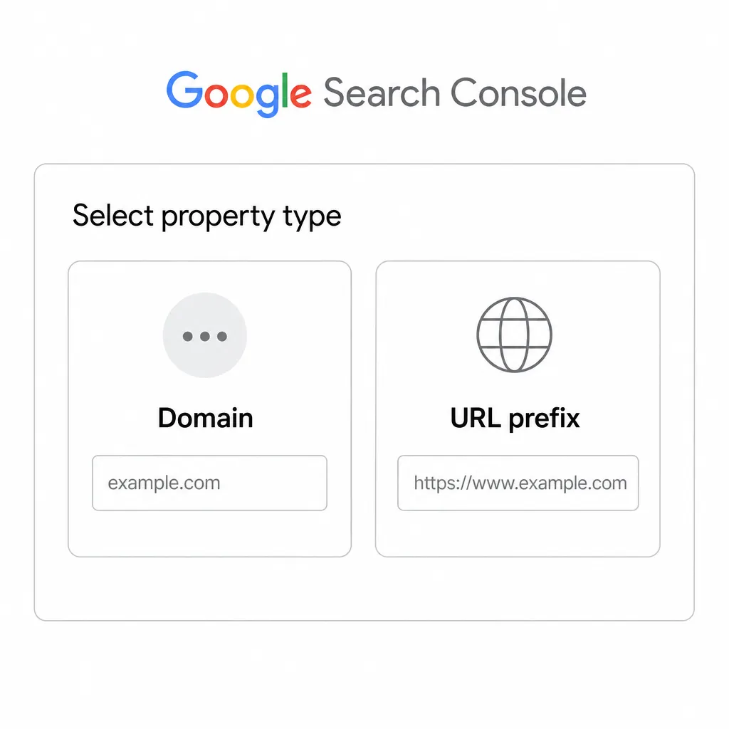 Google Search Console property verification screen showing the choice between Domain and URL prefix verification.