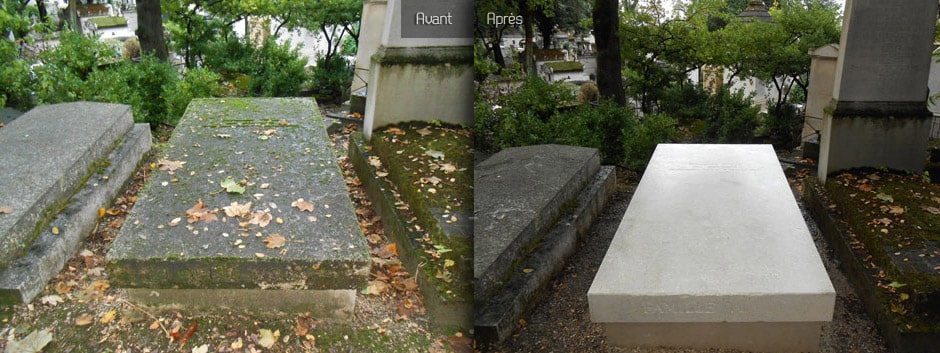 Deux photos côte à côte montrent une tombe avant et après son nettoyage.