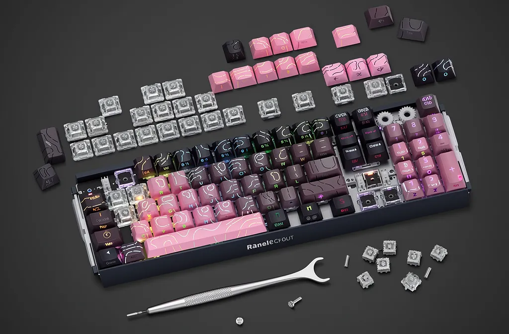Keyboard with assorted colourful switches and keys, plus a toolkit and toppled spare switches, illustrating a mechanical keyboard build. Disadvantages of a magnetic switch keyword integrated.