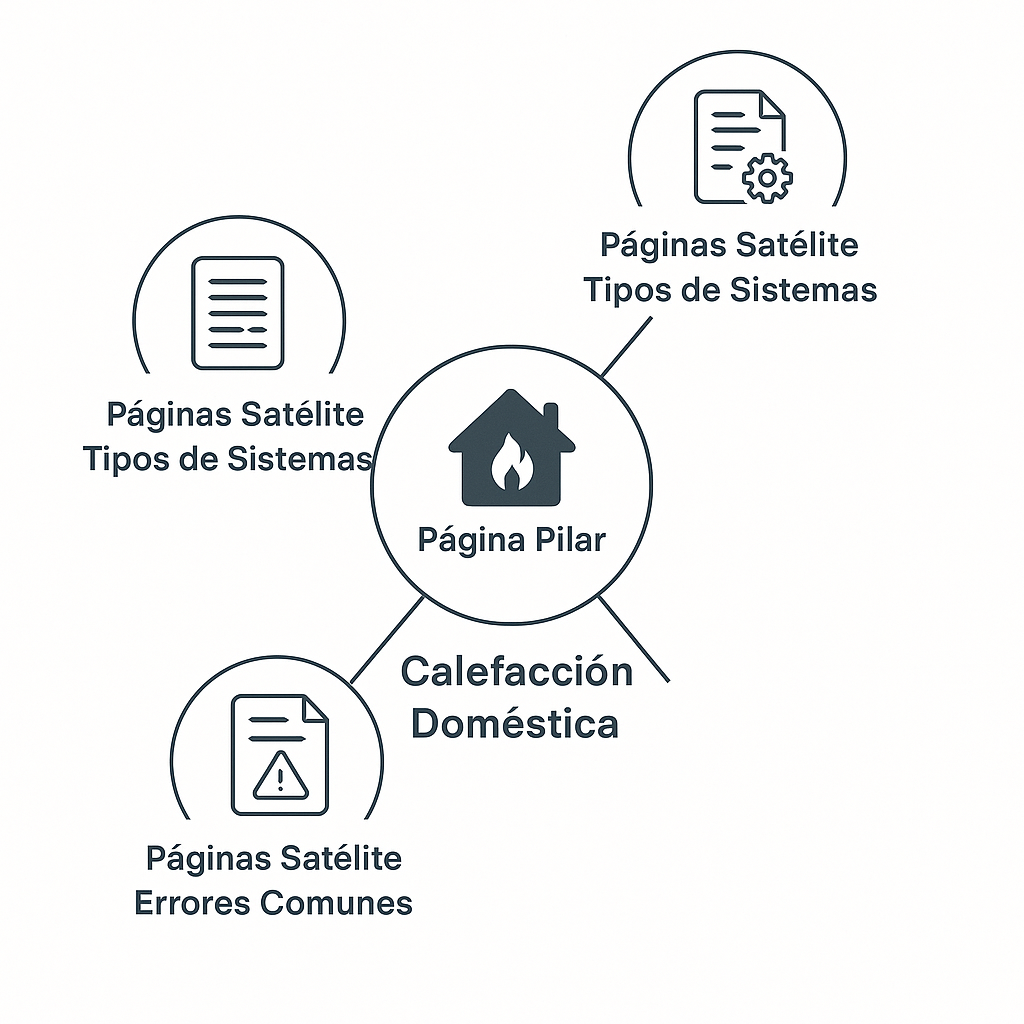 Diagrama de la estructura de clústeres de contenido SEO, mostrando una página pilar central conectada a varios artículos satélite.