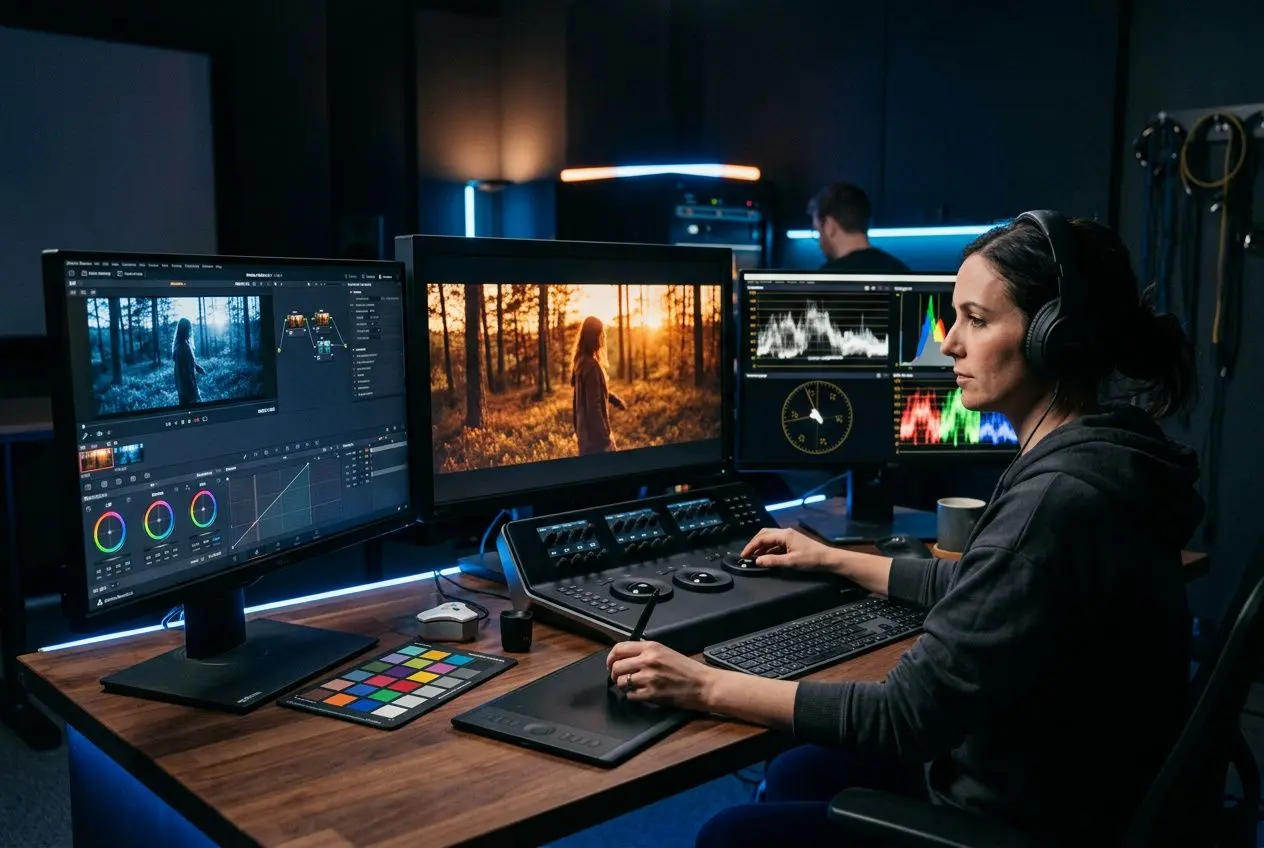 Analyste couleur en studio de post-production devant trois écrans, calibrant les images et surveillant les courbes, dans une salle sombre. Qu'est-ce que l'étalonnage des couleurs est illustré ici.