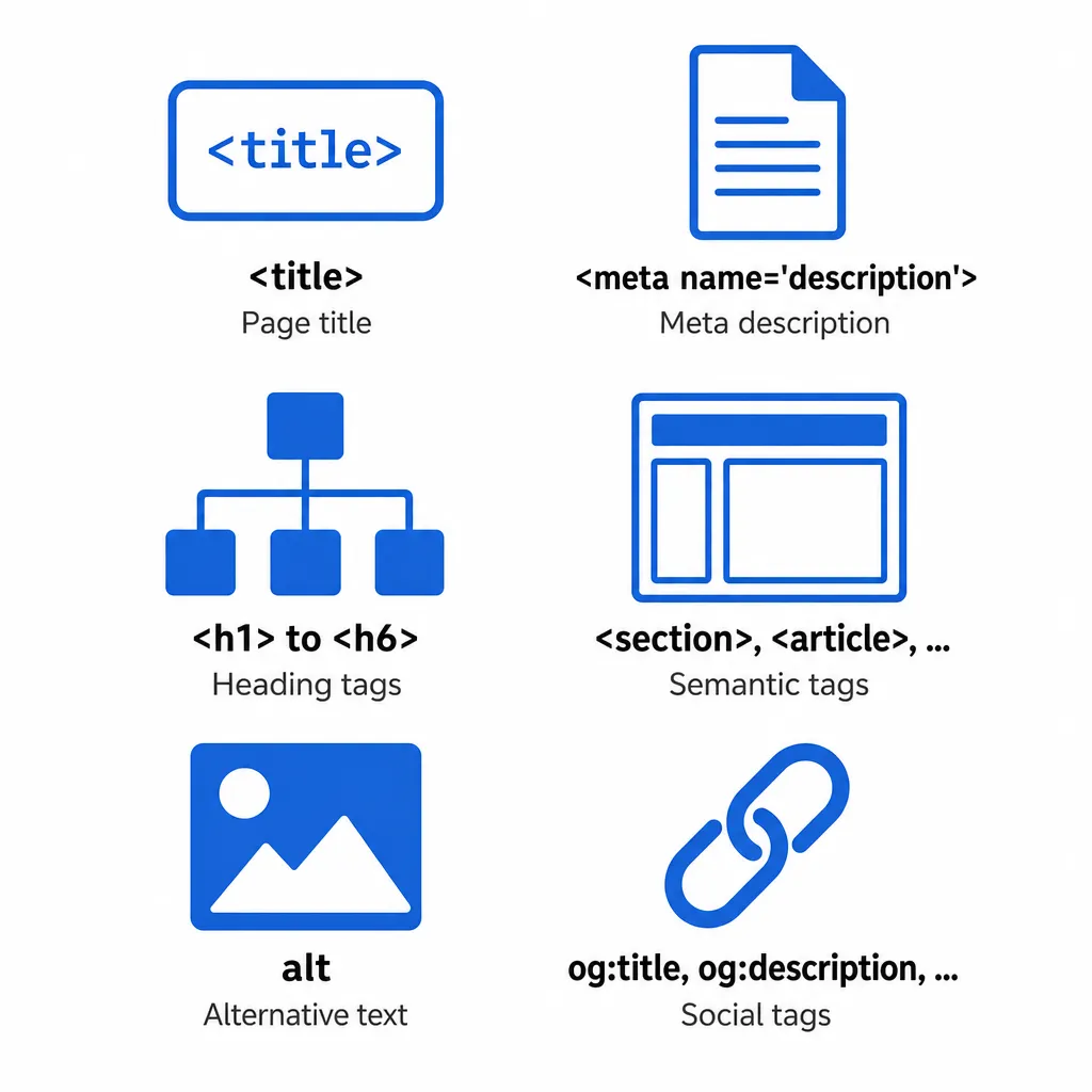 The 6 most important HTML tags for SEO, ranked by priority: title, meta description, headings, semantic tags, alt, social tags
