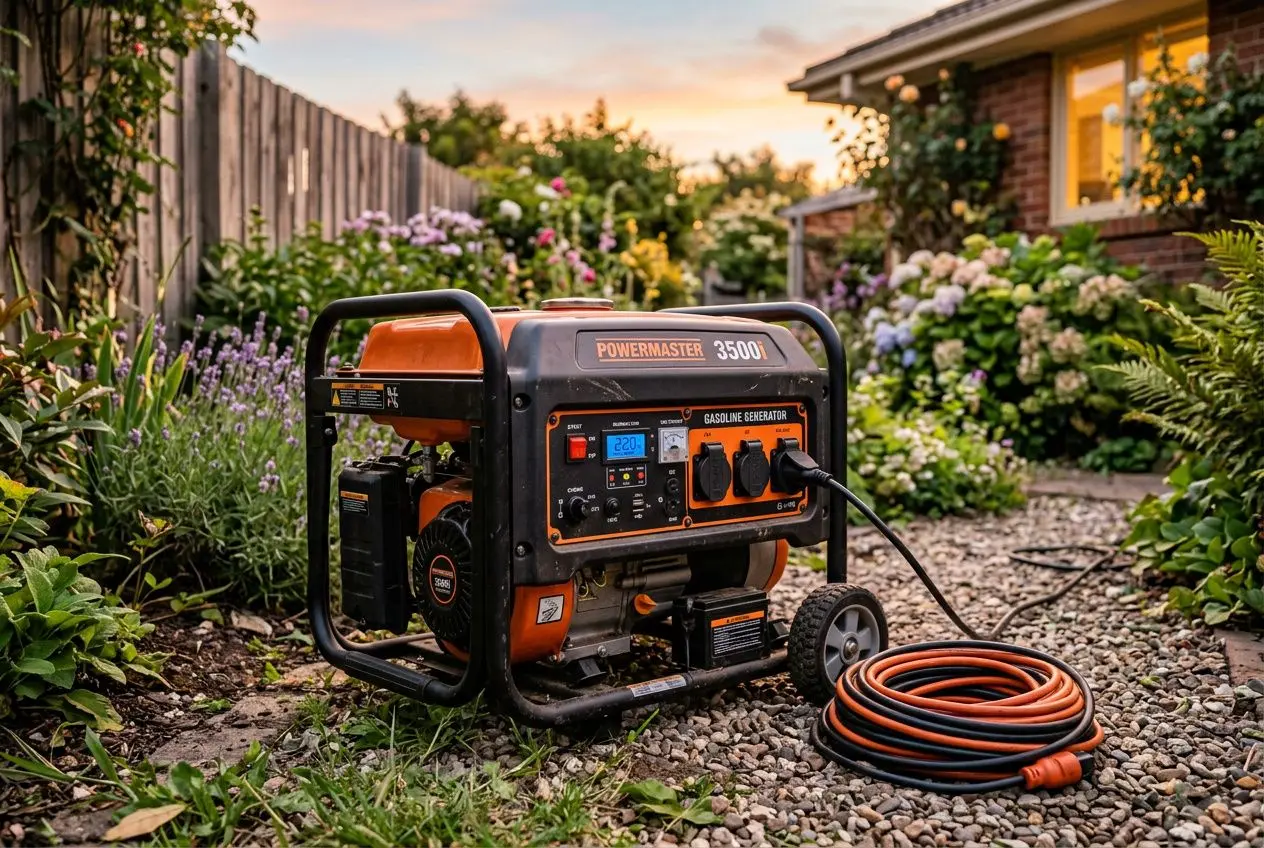 Generador portátil en un jardín, con cable de extensión enrollado a su lado y casa al fondo, listo para usar.