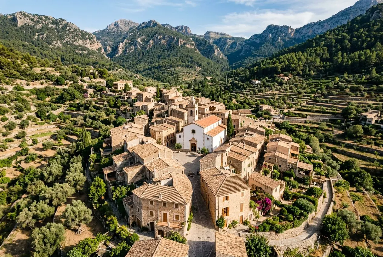 Vue aérienne d'un village de montagne autour de terrasses et de murs en pierre, incitant à la campagne aux Baléares.