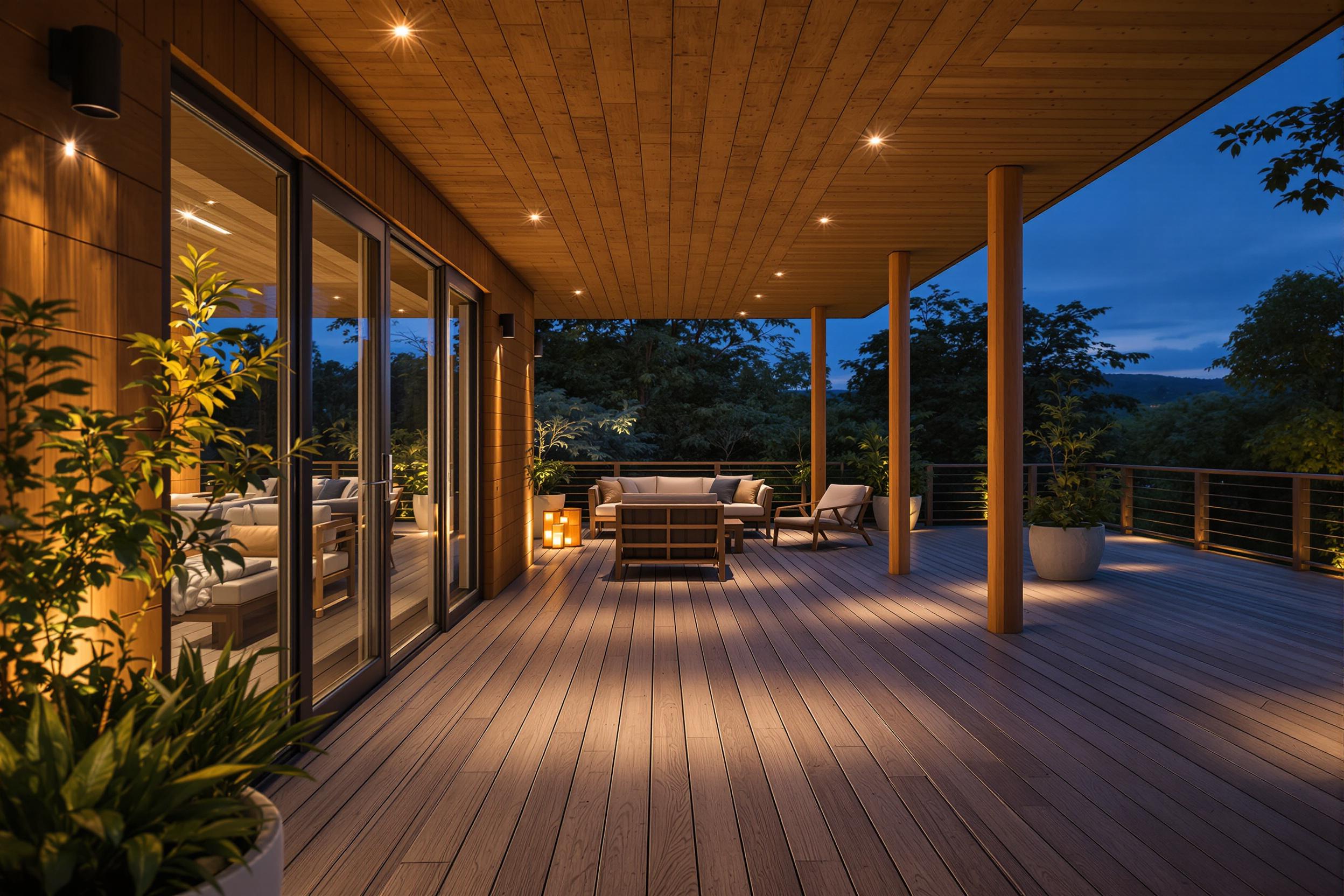 inviting wooden terrace with ambient lighting