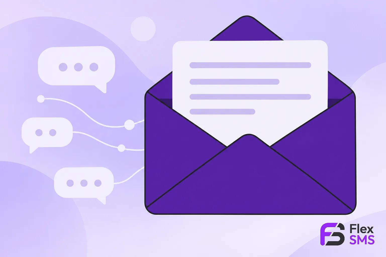 Enveloppe violet avec une lettre à l’intérieur et des bulles de dialogue à côté.
