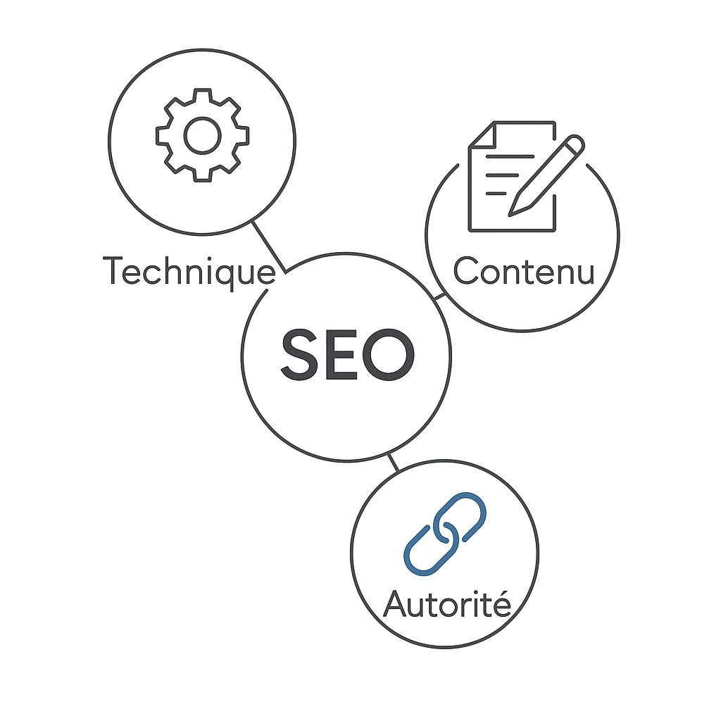Schéma des trois piliers du SEO : la technique (engrenage), le contenu (document), et l'autorité ou netlinking (maillons de chaîne).