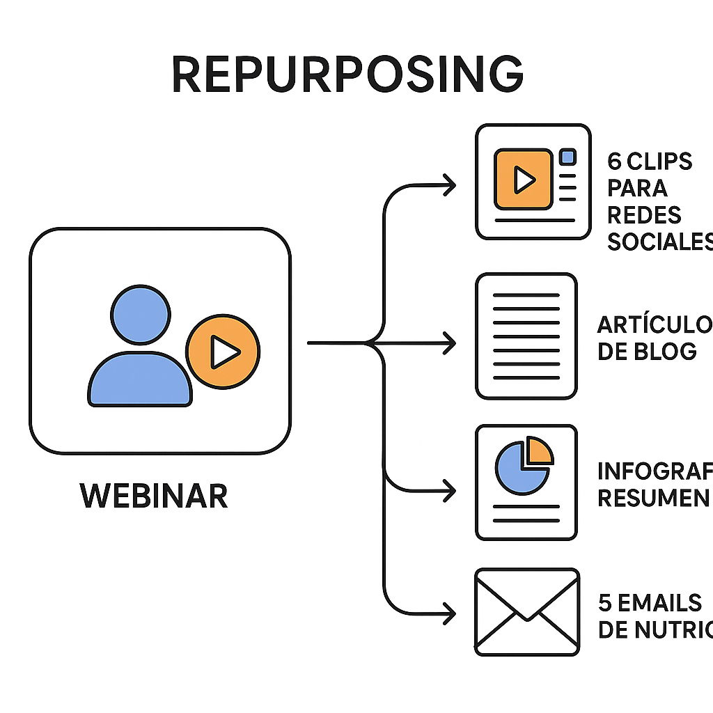 Esquema que ilustra cómo reutilizar un webinar para crear múltiples formatos de contenido, como clips de vídeo, un artículo de blog, una infografía y correos electrónicos.